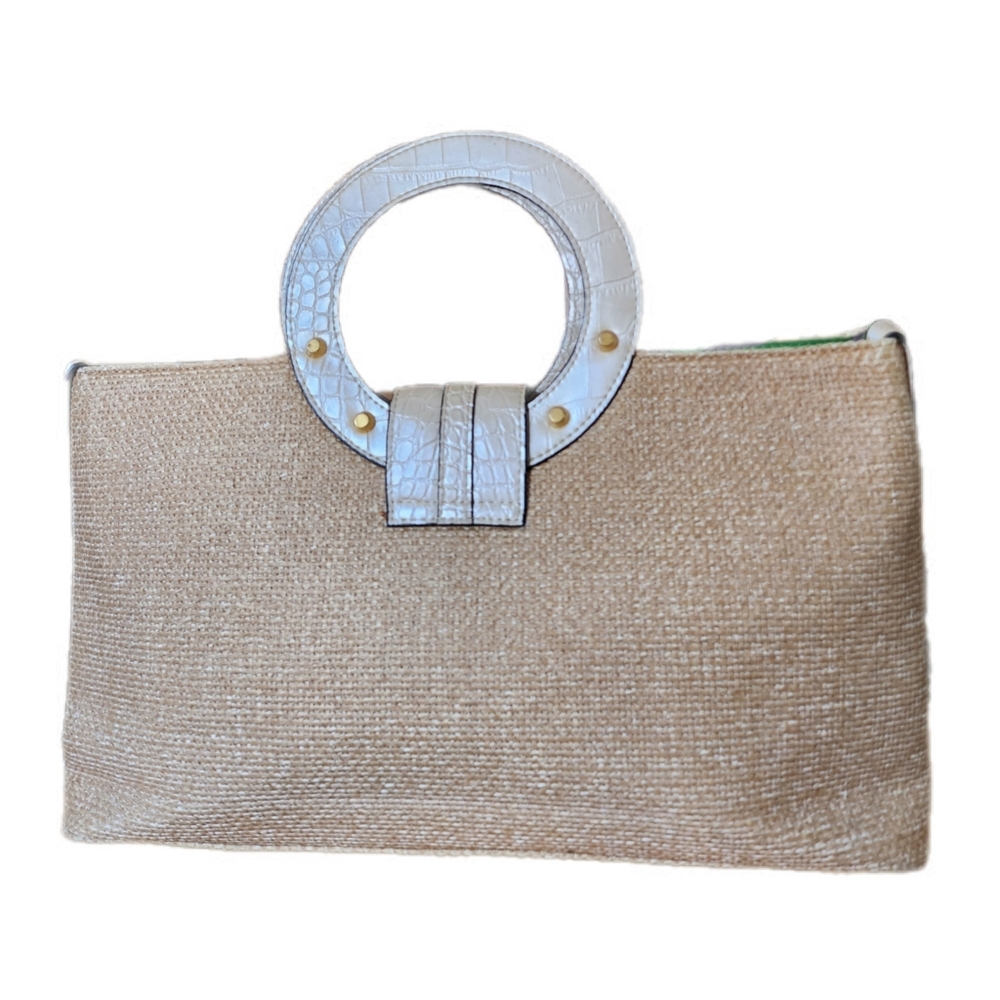 VINTAGE GUESS WOVEN STRAW / BEIGE MOC CROC DETAILED TOTE BAG - Picture 3 of 7